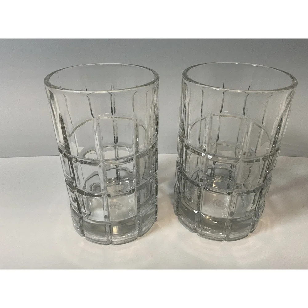 Set‎ of 2 Anchor Hocking Juice Drinking Glass Textured Grid Pattern 4 Inch Tall